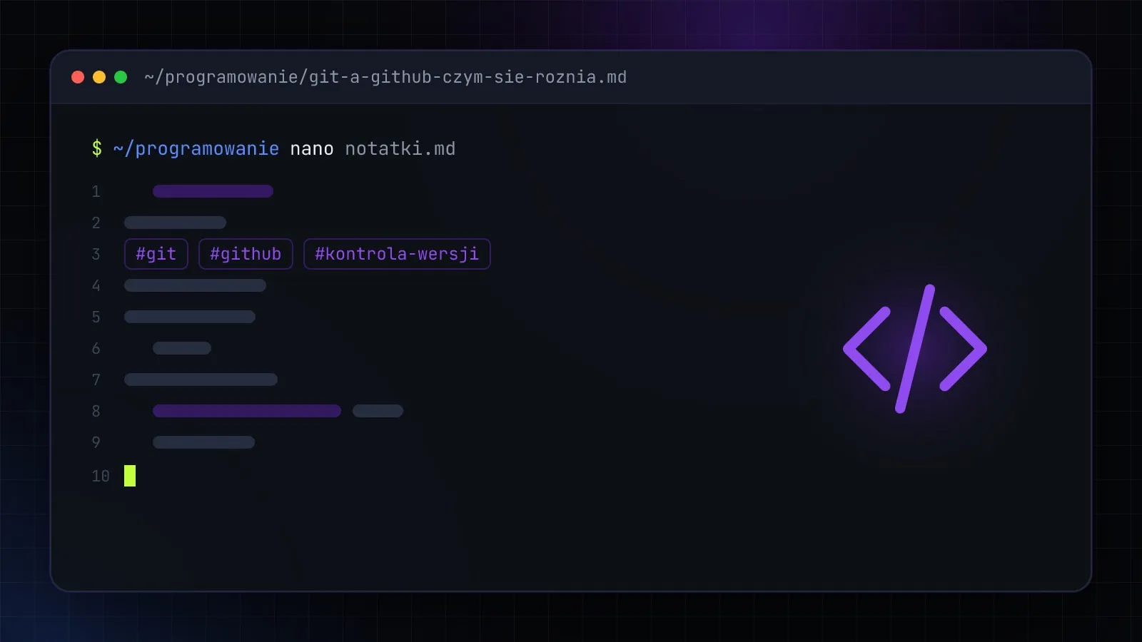 Ilustracja do artykułu „Git a GitHub — czym się różnią? Wyjaśnienie z przykładami i pierwszym repozytorium” — okno edytora z ikoną działu Programowanie i bazy danych